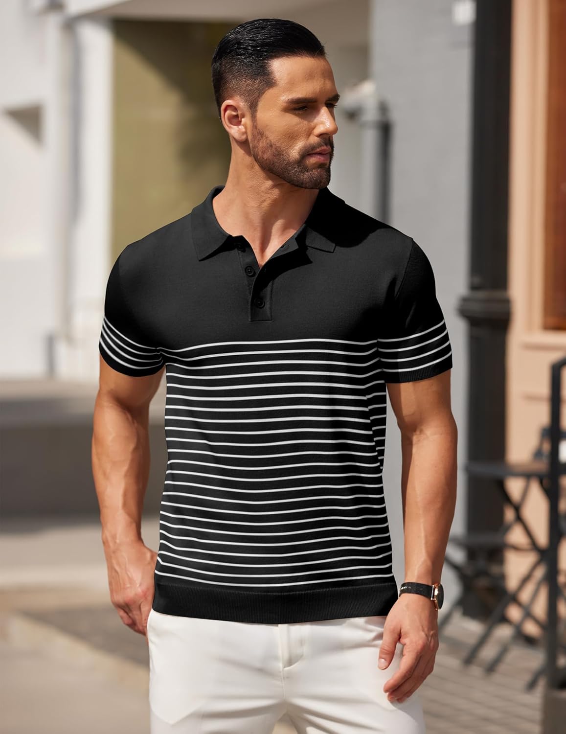 Polo de Punto Manga Corta a Rayas Hombre | Botón y Estilo Golf