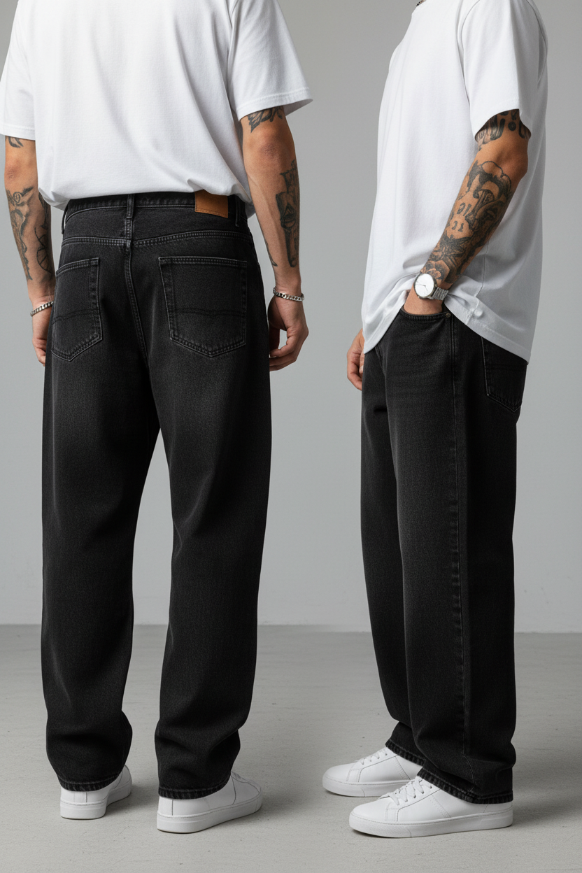 Vaqueros baggy hip hop pierna ancha hombre black vista lateral - Zewool