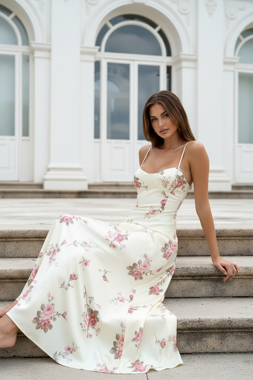 Vestido floral sentada